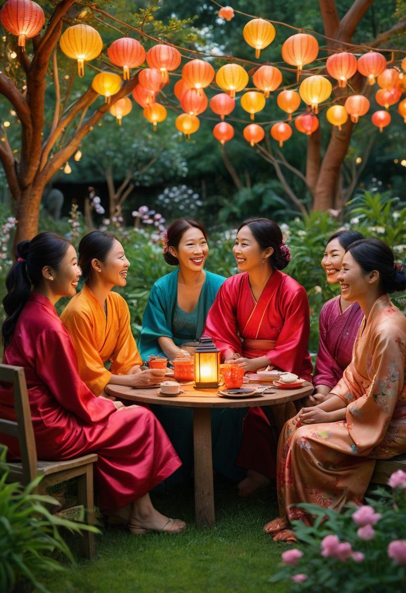 A vibrant gathering of diverse Asian individuals sharing stories and laughter in a lush community garden, showcasing cultural symbols like lanterns and traditional fabrics. The scene captures the warmth of relationships with flowing connections between the people, highlighting emotions of friendship and love. The background features blossoming cherry trees, symbolizing beauty and renewal. super-realistic. vibrant colors. warm tones.
