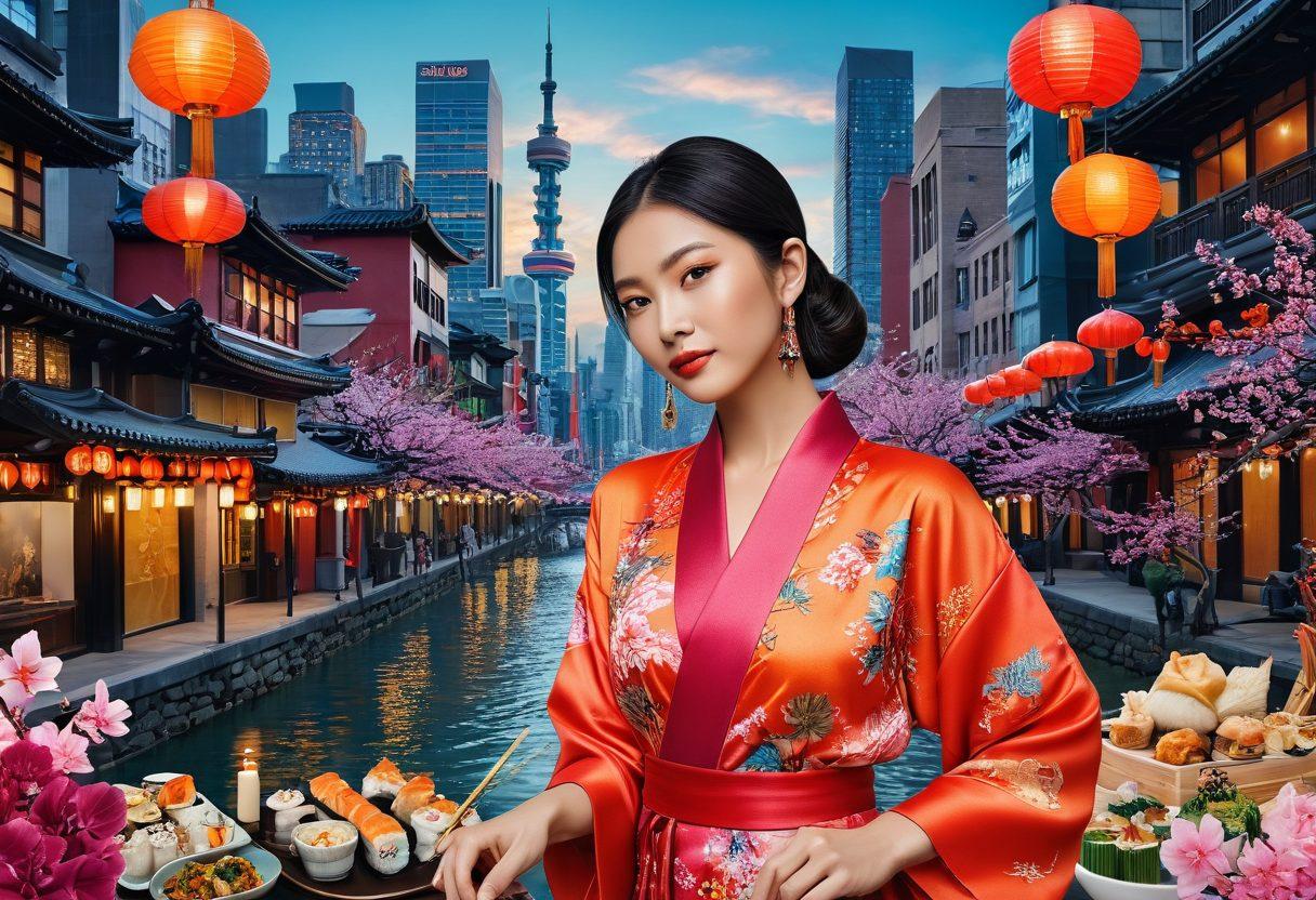 A vibrant collage showcasing a fashionable Asian influencer posing elegantly, surrounded by traditional Asian cuisine like sushi and dim sum. Include elements like trendy clothing, colorful food, and cultural symbols. The background should reflect a bustling cityscape, representing the blend of modern fashion and culinary tradition. Bright and engaging colors with a lively atmosphere. super-realistic. vibrant colors. 3D.