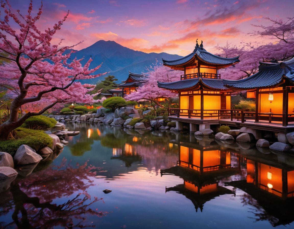 A visually striking scene depicting a serene Asian landscape, with cherry blossom trees in full bloom, a tranquil koi pond reflecting the sky, and traditional lanterns illuminating a festive gathering of diverse people sharing stories. The background features majestic mountains and a colorful sunset, embodying romance and community. Incorporate elements of Asian culture through clothing and decor. super-realistic. vibrant colors. 3D.